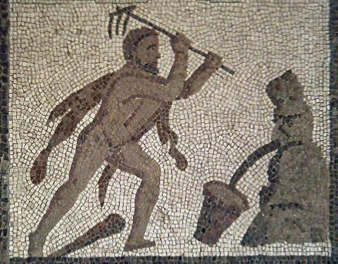 Hercules (left) lifts a rake above his head apparently to break the bank of either the river Alpheus or Peneus represented by a stack of rocks (right). A stream of water flows from the earth into a bucket. Hercules wears his lion skin and his club lies discarded on the ground at his feet.