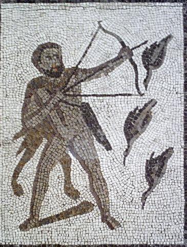 Hercules (left) draws his bow aiming at three of the Stymphalian birds (right), which are diving at him. Hercules wears his lion skin, a quiver is slung across his right shoulder and rests against his left hip.