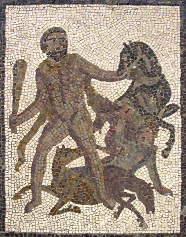 Hercules wearing his lion skin (left) holds one of the Mares of Diomedes by the neck with his left hand. In his right he holds his club preparing to swing. Behind them two mares can be seen already lying on the ground. A young man can also be seen on the ground about to be trampled.