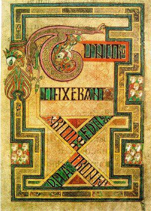 an illuminated page from the Book of Kells, with an ouroboros