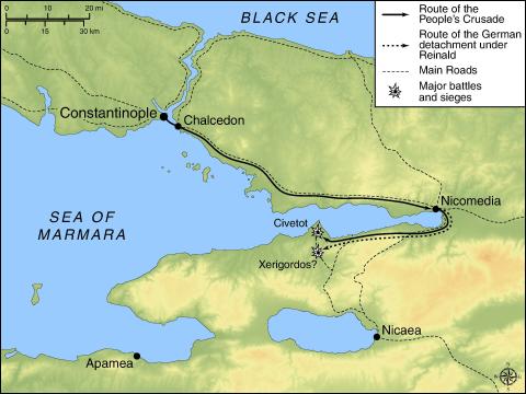 map showing the march of the People's Crusade in Asia Minor
