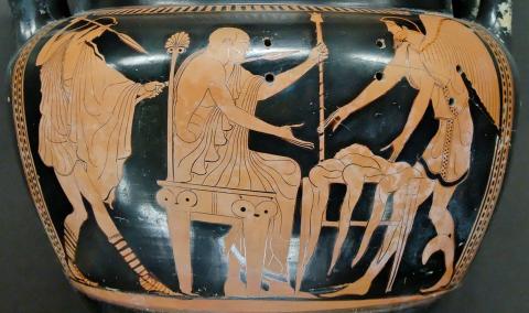 Phineus (center) sits in profile facing right toward an offering table. He's bearded and light-haired. He holds his staff in his left hand and gestures toward the table with his right. He is wrapped in a himation, his right shoulder bare. At far left, a young man with long hair holds a spear in each hand: one raised at head height, tilted down, ready to thrust; the other over Phineus' left shoulder tilted up toward the harpy. The harpy is bearded, winged and appears to reach down toward the table.