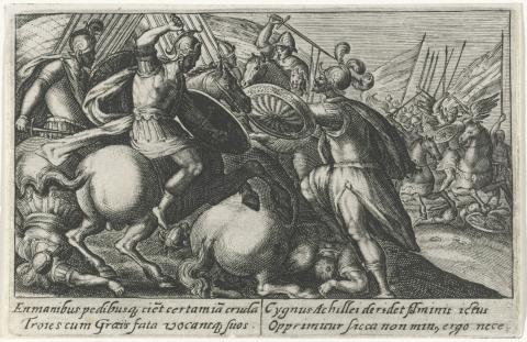 A battlefield. In the foreground a group of horsemen are attacking a man on foot. Under their feet are the bodies of two more men and that of a horse in the process of falling. The men are dressed in long tunics with cuirasses and helmets. In the background, two men on horses fight. The one on the right is winged. The tops of spears and standards can be seen in the far back.