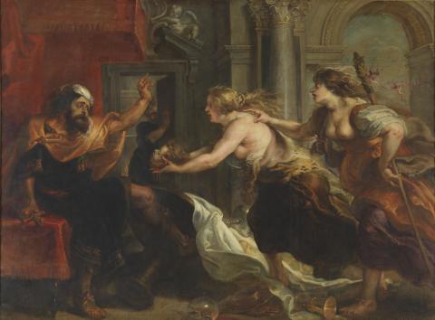 Tereus (left) sits on a throne covered in red drapery. He faces Philomela and Procne (right) raising his left hand as if to ward the off; his right hand grips  a sheathed sword. Procne holds her son, Itys', severed head in her bare hands, stretching it out toward her husband Tereus. Philomela stands behind Procne with her right hand on Procne's left shoulder. Philomela grips a thyrsus behind her back in her left hand. Both women's hair is loose and their clothing disarrayed indicating their madness.