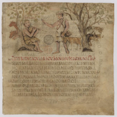 manuscript page with text on bottom and illustration of two shepherds meeting at the top