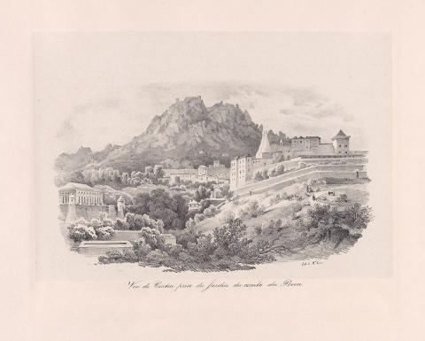 print drawing of a palace above a leafy landscape