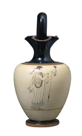 White-Ground Oinochoe Depicting a Woman Spinning Wool