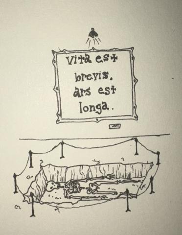 A rectangular pit has been excavated in which lies a skeleton. It is roped off with stanchions. Behind the excavated area a lamp hangs above a placard which reads “Vita est brevis. Ars est longa."