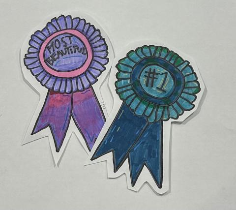 A collage composed of two cut-out drawings of award ribbons. The left-hand ribbon is shaded in purple tones and bears the legend "most beautiful," the right hand ribbon is shaded in blue-green tones and says "#1."