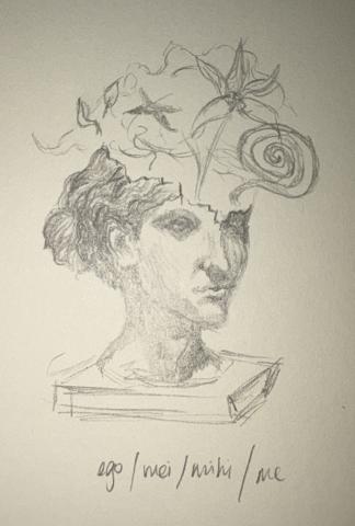 Pencil line drawing of a bust of a woman. A thought cloud emerges from her head showing a flower, a spiral, a bird, and some leaves. Below her is written ego/meī/mihi/mē.