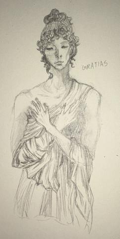 Pencil drawing of a young woman wearing classical greek-style draped garment. Her hair is pulled up on top of her head and held in place with a ribbon with a few ringlets loose framing her face. Her arms are crossed over her chest, fingertips resting on her clavicles. Gratias is written next to her.