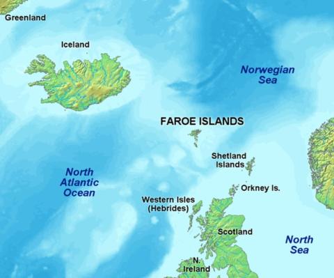 a map of the North Atlantic, with Iceland and the Faroes
