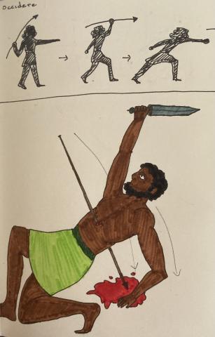 Ink and marker drawing in two registers. The top register covers one-third of the page and features three silhouettes illustrating a spear being thrown: (1) preparation with spear and right arm drawn back, (2) mid throw, stepping forward, spear overhead, (3) release, right arm outstretched. The bottom register, features dark-skinned, bearded man wearing a green skirt, holding a sword aloft in his right hand. He is collapsing backward, the spear having pierced his stomach. Blood pools beneath him.