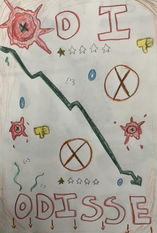 Colored pencil drawing with "odi" written across the top. The "o" in "odi" is depicted by a splattered red tomato. "Odisse" is written in red-outline letters at bottom. In the middle of the image are two more splattered tomatoes, two yellow thumbs down symbols, two one-star rating images, two encircled red "x" symbols, and a large green graph arrow plummeting downward.