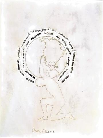 Multimedia image of a kneeling man, head bent forward, holding a globe on his back. Encircling the globe in two rings are words cut out from paper: competition, anxiety, comparison, perfection, have to be normal, note enough time, tests, meritocracy, be pointy, win all the time, social media, be the best, expectations, grades, politics, isolated, shiny, never enough, college, be well rounded. Below are written the words “onus, oneris."