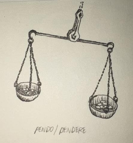 A set of balance scales hang in mid-air. Both pans are partially filled, but the right pan is heavier and the scales are tilted to that side. Written below the image is pendo/pendere.