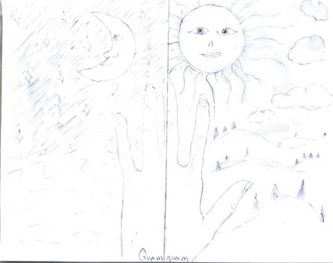 Ink drawing day and night scene. On the right side is a hilly landscape with evergreen-like trees under a partly cloudy sky with a smiling sun. On the left hand side is a night scene of open water. Several stars and a smiling crescent moon. In the foreground, spanning the dividing line between the scenes is a the back of lefthand with manicured fingernails. 