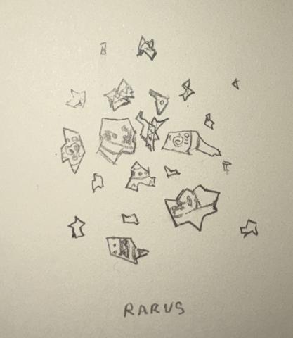 Pencil drawing of a scattering of torn pieces of paper.