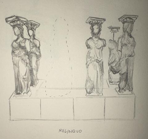 Pencil drawing of several columns in the shape of women dressed in ancient Greek chitons and standing on a plinth. One column is missing, its outline denoted by a dotted line.
