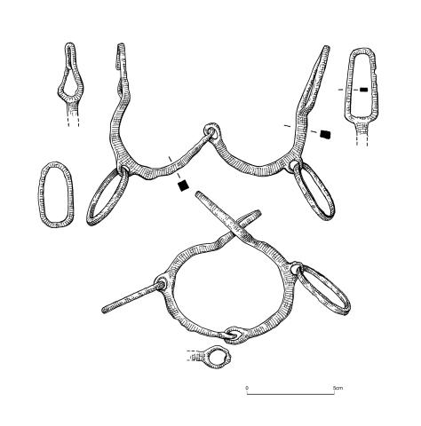 Drawing of a Romano-British iron ring shackle. It consists of two semi-circular loops that have been threaded together and closed like links of a chain. This acts as a hinge to open and close the shackle. The opposite ends of the semicircles also terminate in loops which can be threaded together and bound or locked closed. Two rings are attached to the center of each semicircular section through which chains can be run.