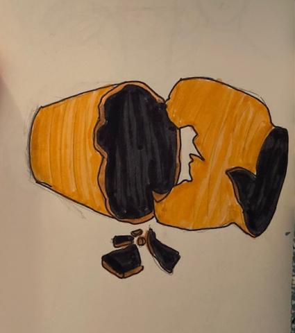 Pen and marker drawing of a terracotta-colored vase lying on its side broken into pieces. Five small pieces of varying sizes from the body of the vase are grouped together in foreground. The base and rim of the vase lay behind them broken into two large pieces.