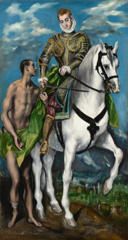 St. Martin is on horseback and armored, facing toward the viewer. In his right hand he holds his sword, which he has used to slice off a portion of his cloak off. He is giving the cut off portion of the cloak to a naked beggar who stands at Martin's right hand, also facing the viewer. The beggar has a bandage wrapped around his lower right calf and the cut portion of the cloak drapes across his hips.