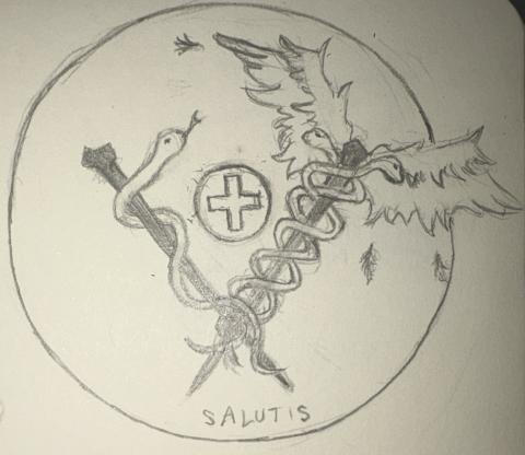 Pencil drawing of a large circle inside of which is a caduceus (a staff with two serpents entwined around it and wings near the top) and a rod of Asclepius (a staff with a single serpent wrapped around it). The staves are crossed at the bottom forming a V pattern. Inside the V is another small circle holding a small medical cross. Below the staves inside the large circle is the word “salutis." 