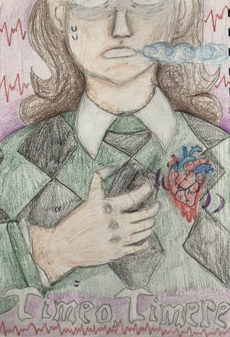 Colored pencil drawing of a person with long brown hair, wearing a sweater with a green and black diamond pattern over a white collared shirt. The person's face is only visible to the bottom of the eyes. They are clutching at their chest with their right hand, sweating and breathing heavily. A heart is drawn on top of their chest in red and blue; curved lines radiating from it denote it beating. Spiky lines are drawn behind their head and at bottom. The words "timeo, timere" are written at bottom.