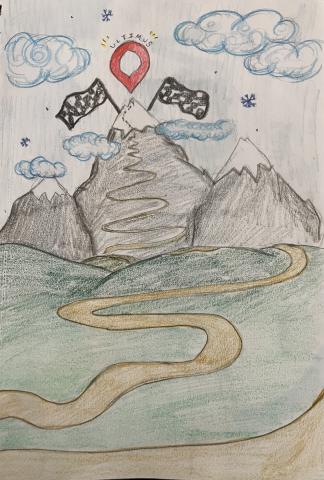 Colored pencil image a landscape. Three snow-covered mountains are in the background, the center slightly taller. Puffy clouds and a few snowflakes are in the sky. A dirt road winds through a green field in the foreground and up the center mountain. Two large black and white checkered flags are drawn behind the mountain on either side and a red location marker hand over the peak. The word "ultimus" is written above.