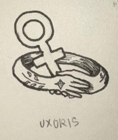 Ink drawing of a wedding band. The band features two hands clasping each other. Inside the ring is drawn the gender symbol for female. At the bottom is the word “uxoris."