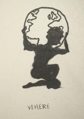 Ink drawing of a man kneeling on his left knee his right foot is planted with knee bent at a right angle. His arms are raised and balancing a globe on his shoulders.