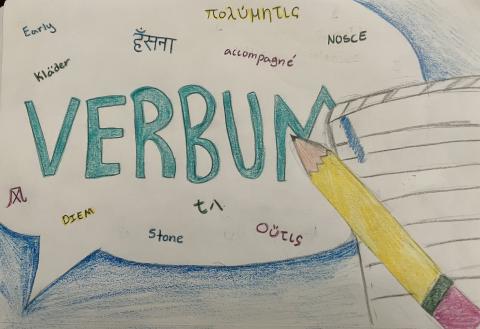 Colored pencil drawing of a cartoon word bubble. In the middle is the latin word "verbum" in green surrounded by several more English, French, German, Ancient Greek, Latin, and other words written in pencil and outlined in yellow, blue, green, and pink. On the right edge of the image, slightly overlapping the bubble are drawn a page of lined paper and a yellow pencil with pink eraser.
