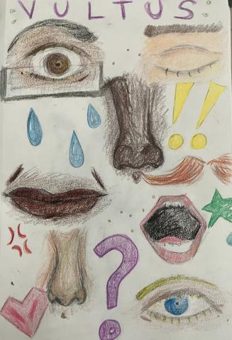 Colored pencil drawing of facial features. Top left corner: a brown eye behind rectangular glasses, black eyebrow, and dark skin; below it, 3 tear drops. Top right: light-skinned closed eye with a brown eyebrow. Middle of page: a pair of dark brown lips, curved in a slight smile. Right and slightly above, a dark brown nose and two yellow exclamation points; below them is a red mustache. Bottom left an unknown v-shaped red object; next to it a tan nose. Far right an open mouth with red lips; below a blue eye