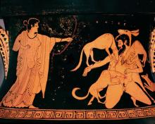 Artemis stands facing right, left arm outstretched holding her bow and an unnocked arrow. She is facing Actaeon who is on his knees, left arm outstretched toward her. He is nude except for an animal skin cloak, perhaps a deer, the head of which lays on top of his. Three dogs are attacking him as a fourth prepares to lunge. 