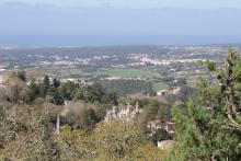 Landscape view from mountaintop with Atlantic Ocean in the background