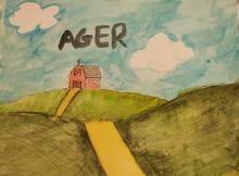 A watercolor image of a dusty country road running between hills, leading to a red barn in the distance.