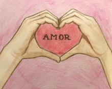 Drawing of two light-skinned hands and forearms on a pink background. The hands form the shape of a heart inside which the background deepens to red and the word "amor" is written.