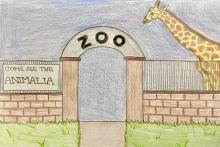 Drawing of grassy foreground in front of a red-brick wall, topped by a metal fence. A path leads through the wall and a stone arch labeled "zoo" spans the path to columns on either side. Behind the wall on the right a giraffe enters the scene. Fixed to the metal fencing on the left-hand side of the wall is a sign reading, "Come see the Animalia."