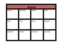 Image of calendar page. In the header, instead of the month, is the word "annus." Below, is 3 x 4 grid, each square is filled by the name of one of the months of the Julian calendar.