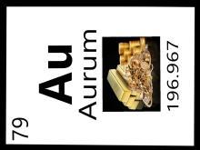 Image similar to an entry on the periodical table of elements. The number 79 appears in the top left corner. The text "AU" and "Aurum" are centered with an image of a pile gold bars, gold jewelry, and gold coins. Under the image is the atomic mass, 196.967.