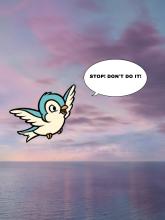 A cartoon bluebird flies above an ocean at twilight. A conversation bubble appears to its right reading, "Stop! Don't do it!"