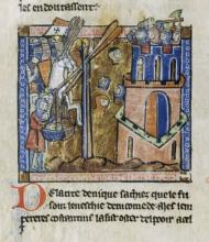 manuscript illumination with crusaders firing Turkish heads into the city