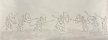 Pencil sketch of a battle scene. Four soldiers advance from the left. The three farthest left are armed with shields and spears while the fourth raises a shield and sword. They attack three other soldiers, two of whom raise their own shields and spears while the third sounds a trumpet. Musical notes hover in the air in front of it. 