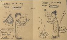 A pencil drawing of two people. On the left a man holds a document titled "Amores." Behind him is a lyre and below a conversation bubble saying "let's welcome back the great poet Ovid." on the right a woman stands in front of a fire singing, a magic wand behind her. A conversation bubble behind her says "She's a witch!" Above both figures are the words "Check out my new carmen."