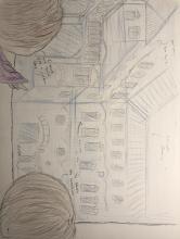 The back of two individual's heads are visible as they look at a drawing of a four-story building with abutted by a two-story building with rooftop patio and colonnade on the ground floor. The individual on the right says, "So that's the consilium." The individual on the left points to a blank section of wall on the ground floor of the four-story building, where it meets the two-story building in a right angle saying, "I think you should put a window here." The person on the left replies, "Maybe..."
