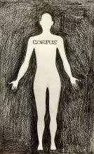 A piece of paper has been shaded in with black, leaving a blank space in the outline of a human figure. Across the upper torso of the figure is written the word "corpus."