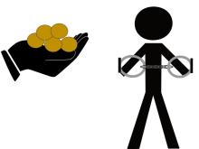 Computer generated image: on the left is a cupped hand holding what appears to be gold coins, on the right a stick figure holding a pair of handcuffs.