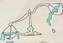 Ink drawing of a set of balance scales filled with liquid. The left side bowl is weighed down and the liquid is sloshing over the sides. The right side appears to be swinging with the bowl tipping over toward the left and liquid pouring out.