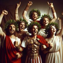 Computer generated image of a group of 5 men and 1 woman, wearing laurel crowns and excitedly raising their hands in the air.
