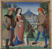 four figures in Renaissance dress in a landscape, swaddled baby on ground, woman standing behind, father at left, poet at right playing a wind instrument